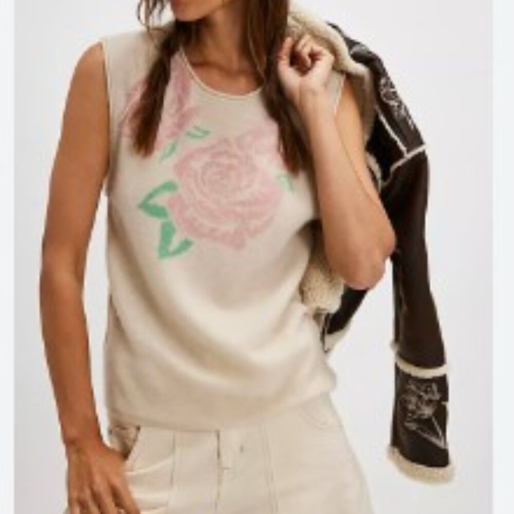 Free People Cream Rose Graphic Muscle Tee